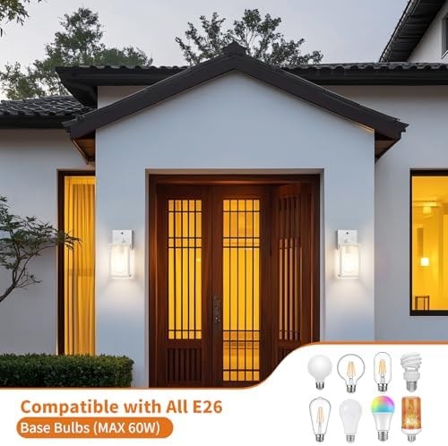 2 Pack White Dusk to Dawn Front Porch Lighting Fixtures Wall Mount, Sensor Outside Exterior Lights for House, Outdoor Lantern Lamp, Waterproof Wall Sconce Lights, Coach Light for Garage Entryway - Image 5