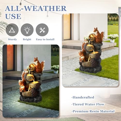 Grepatio Outdoor 4-Tiers Cascading Water Fountain, Waterfall Fountain with 4 LED Lights, Outdoor Fountains and Waterfalls for Garden or Patio, Yard, Deck, Decor with 3 Squirrel Look - Image 6