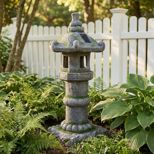 26" H Large Asian Zen Pagoda Outdoor Moss Solar-Powered Statue - Image 3