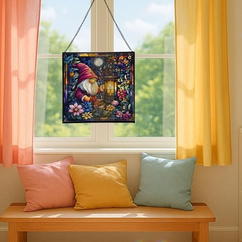 Candlelight Gnome Night Stained Glass Suncatcher – Square Hanging Window Panel for Home or Greenhouse – Whimsical Glass Art Gift for Garden Lovers, Christmas, Halloween, Father Days 69ifQy - Image 5