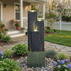 39'' H Modern Cascading Outdoor Water Fountain with LED Lights, Freestanding Tiered Water Feature for Garden, Patio, Porch, Lawn & Backyard Decor,Resin,Natural Texture,Weather-Resistant by Unknown