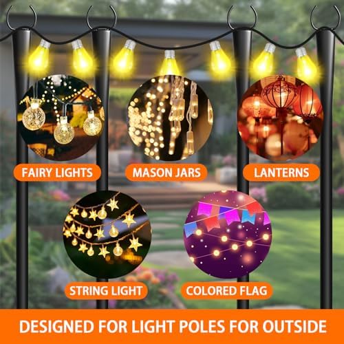 6 Pack 10Ft String Light Poles, Metal Poles with Fork for Outside Lights,Outdoor Metal Light Stand with Fence Brackets Hanging Lights for Garden Patio Wedding Backyard Deck Party - Image 3