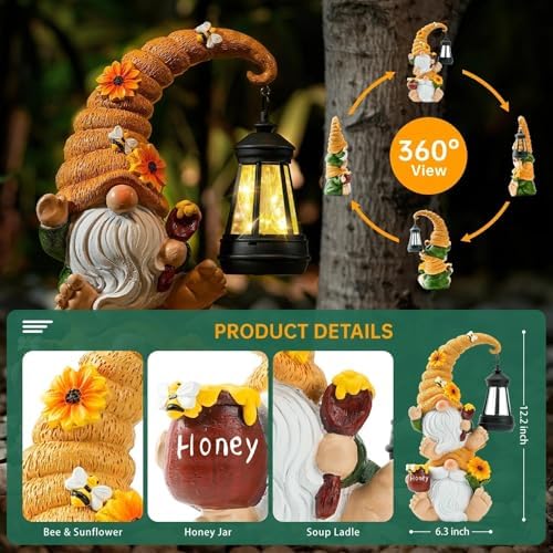 Solar Bee Garden Gnomes with LED Lantern, 12.2-Inch Outdoor Statue - Image 3