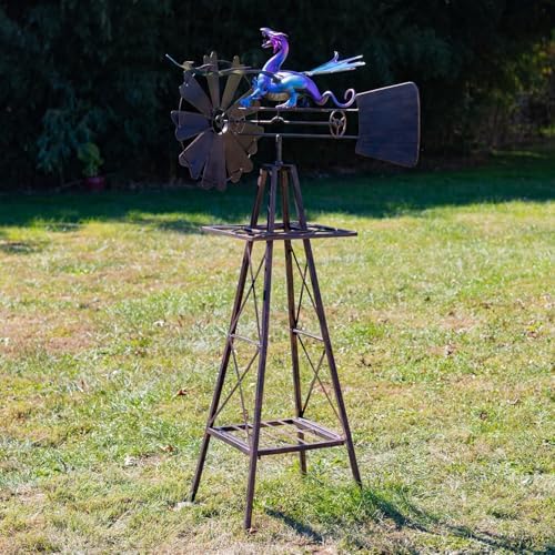 Windmill Spinner with Moving Hand-Painted Animals Scenes on Top, Includes Metal Tower Stand, Decorative Garden Decor (Flying Dragon) - Image 2