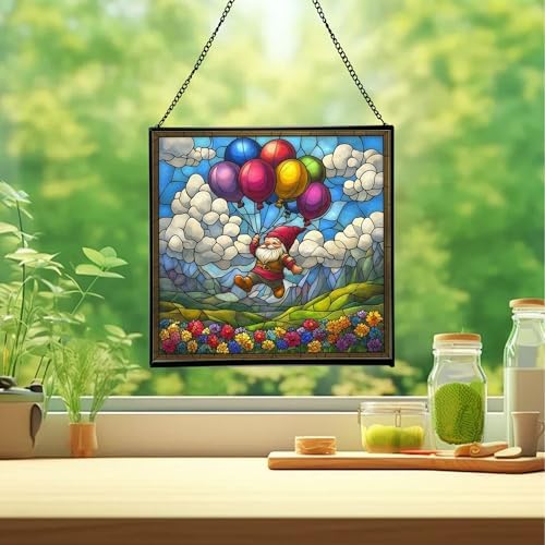 Balloon Flight Gnome Stained Glass Suncatcher – Square Hanging Window Panel for Home or Greenhouse – Whimsical Glass Art Gift for Garden Lovers, Christmas, Halloween, Father Days RCJoS8 - Image 2