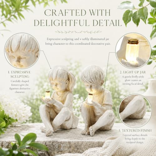 Large Garden Children Statues Light Up Firefly Jar Solar Powered | Set of 2 Figurines | Girl & Boy Garden Yard Art Décor, Indoor & Outdoor Ornament Gifts for Lawn, Patio , 7.5" W x11. 8”H Cream Gift - Image 2