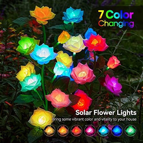 KOOPER 6 Pack Solar Lights Outdoor Garden Decor, 7 Color Changing Solar Flowers Outdoor Waterproof with 30 Bigger & Realistic Rose, Enlarged Size Panel for Patio Yard Garden Cemetery Decoration, Gifts - Image 2