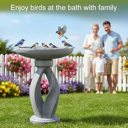 SKYFIRE 21.85 Inch Tall Pedestal Bird Bath, Fibre Reinforced Concrete Birdbath with Twisted Base, Weather Resistant & Durable Bird Bath for Garden Patio Lawn Backyard, Gray - Image 5