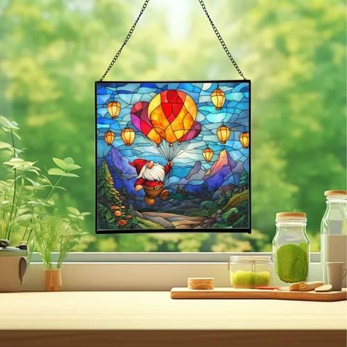 Gnome with Lantern Balloons Stained Glass Suncatcher – Square Hanging Window Panel for Home or Greenhouse – Whimsical Glass Art Gift for Garden Lovers, Christmas, Halloween, Father Days smlKhE - Image 2
