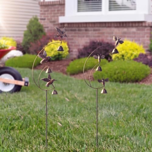 Moxweyeni 2 Pcs Metal Large Hummingbird Bee with Bell Garden Stake Yard Art - Image 5