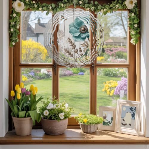 10 Inch Teal Vintage Floral Wind Spinner for Yard and Garden, Retro Flowers Wooden Butterfly Hanging Ornaments Outdoor 3D Kinetic Wind Sculpture Spinners Indoor Outdoor Patio Décor Ornaments Gift - Image 5