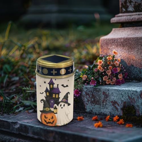 Poceacles Solar Lights Outdoor Solar Powered Outdoor Cemetery Stake Candle Grave Lamp Landscape Lighting Halloween Grave Flameless Candle, Pumpkin Ghost Print Beige, Pack of 2 - Image 3