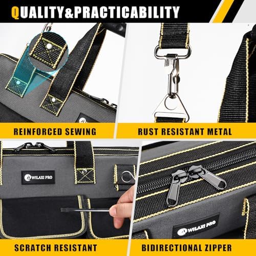 20 in Tool Bag For Men with Waterproof Molded Base, High Capacity Wide Mouth Tote, Construction Worker Electricians Tool Bags, Large Tool Bag Organizer for Men Women (Grey) - Image 6