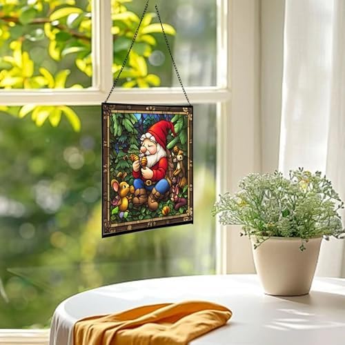 Gnome with Acorn Whistles Stained Glass Suncatcher – Square Hanging Window Panel for Home, Garden, Nursery, Halloween, Christmas, Memorial Day – Whimsical Glass Art Gift for Gnome Lovers a2mqwg - Image 3