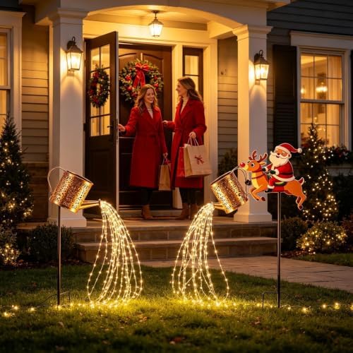 Solar Watering Can with Stake LED Christmas Santa Metal Garden Decor - Image 2
