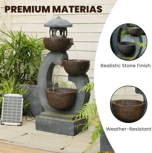 Tankana 35.5" H Solar Water Fountain Outdoor Garden 3-Tier Cascading Bowl Solar Powered Fountain Waterfall with LED Light Japanese Garden Style for Patio Yard Balcony Porch Home Decor, Bronze Finish - Image 6