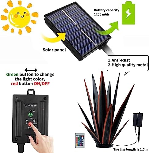 KODIBO 24" Large Metal Agave Plant Outdoor Decor with Solar Light, Black - Image 4