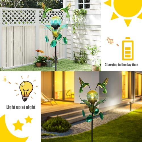 Decorative Solar Outdoor Light, Hummingbird Glass Globe Stake for Lawn Yard - Image 6