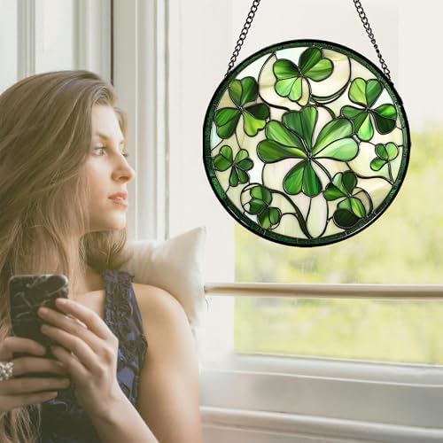 Ireland Green Clover Stained Glass Window Hanging Suncatcher Gifts 9.8" - Image 2