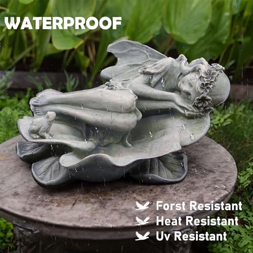 Garden Fairy Statue,Garden Sleeping Angel on Lotus Leaf with Bird Feeder Feature Outdoor Decor Sculptures Figurine Gardening Lawn - Image 5