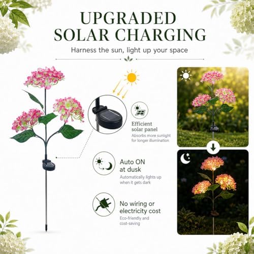 Fairy Hydrangea Solar Lights Outdoor Waterproof, 4Pcs Solar Flowers Outdoor Garden Realistic Artificial Flower Stake LED Garden Decor for Pathway Patio Yard Lawn (Pink (4Pcs)) - Image 4
