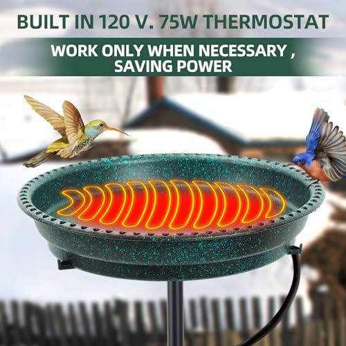 Heated Bird Bath for Outdoors for Winter, 75W Bird Bath Water Heater Bird Bath Deicer,Deep Bowl Thermostatic Control Weather Resistance Available with Stable Metal Pole for All Seasons(Green) - Image 3