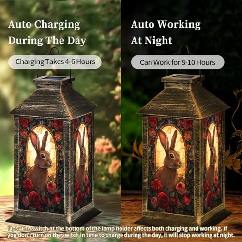 Solar Lantern Rabbit Portrait Stained Glass Style Roses Vintage Flowers Outdoor Waterproof Hanging Solar Light Outside Lights for Patio Yard House Lawn Decor Birthday Gifts for Women Mom - Image 4
