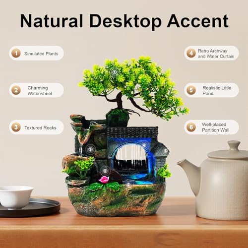 Indoor Water Fountain Rockery Ornaments, Resin Desktop Fountain with LED Lights & Automatic Pump, Tabletop Waterfall Feature for Home Office Desk Decor(7.87 * 5.9 * 11.81inch) - Image 2