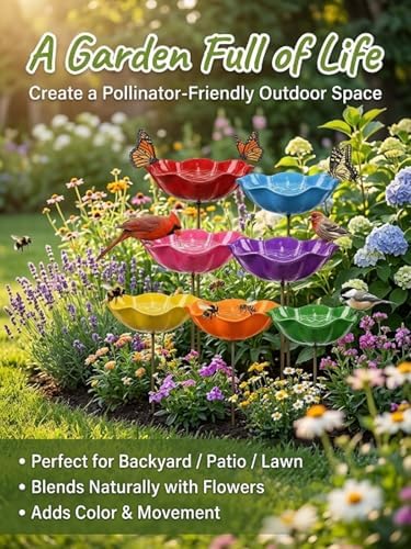 Handmade Metal Flower Garden Stake Bird Bath Bee Watering Station Feeder Pollinator Outdoor Decorative Bowl Butterfly Wildflower Rustic Yard Art Support for Outdoor Yard Decor(Purple) - Image 3