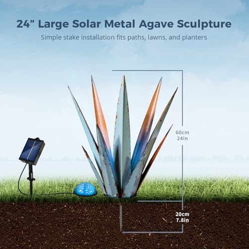 KODIBO 24" Metal Agave Plant Outdoor Decor with Solar Light, Vintage Blue - Image 2