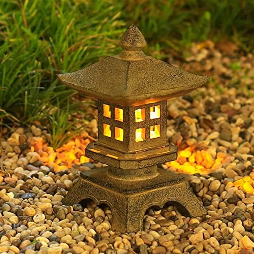 RAN Pagoda Solar Powered LED Garden Light, Japanese Style Asian Decor Resin Pagoda Lantern Outdoor Statue, 9.1 inch (Color : Gray, Size : 5.1" x 5.1" x 9.1") - Image 3