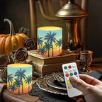 Flameless Votive Candles Sunset Glow Palm Coconut Tree Pattern 4 Pcs LED Pillar Candle Tealights Long Lasting with Remote Timer for Indoor Outdoor Coastal Home Decoration - Image 2