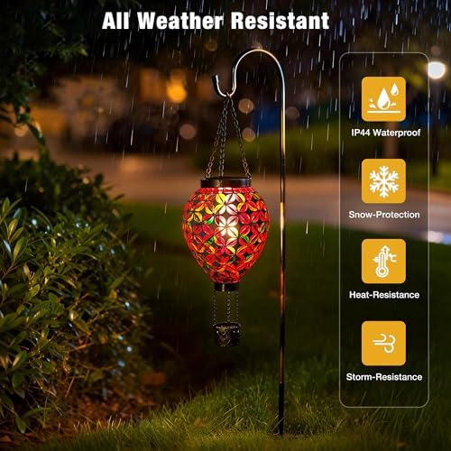 SAVENNA Mosaic Glass Hot Air Balloon Solar Lantern, Flickering Flame Effect Hanging Solar Light, Multicolor Projection for Garden Patio Yard Outdoor Decor - Image 6