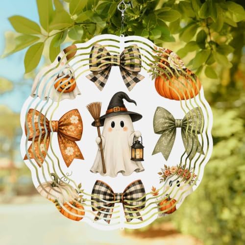 10 Inch Halloween Wind Spinner for Yard and Garden, Cartoon Cute Ghosts Pumpkin Bow Flowers Hanging Ornaments Outdoor 3D Kinetic Wind Sculpture Spinners Indoor Outdoor Patio Décor Ornaments Gift - Image 2