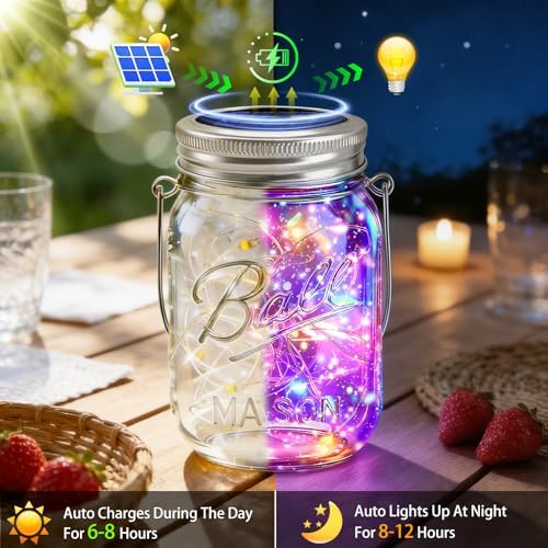 VOOKRY 12 Pack Solar Mason Jar Lights, 30 LED Mason Jar Lids Waterproof Firefly Fairy String Lights with 12 Hangers(No Jars), for Outdoor Patio Garden Yard Lawn Party Wedding Decoration - Multicolor - Image 6
