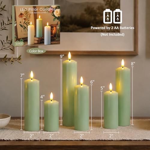 Pack of 9 Real Wax Pillars Flameless Candles with Remote, 400H Battery Operated Flickering LED 3D-Wick Warm Lights, 2/4/6/8H Timer for Home Decor(2" x 4" 4" 5" 5" 6" 6" 7" 8" 9" Sage Green) - Image 4