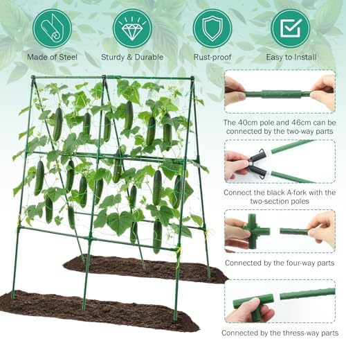 3 Packs Cucumber Trellis for Raised Bed, 50" x 33" A-Shape Garden Trellis for Climbing Plants, Outdoor Metal Arch Vegetable Plant Support for Tomato, Cucumber, Pea, Zucchini & Vine Plants - Image 4