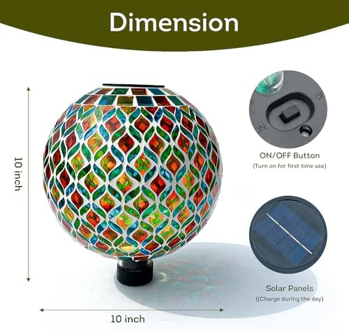 Lily's Home 10” Solar Light Mosaic Gazing Ball - Eco-Friendly Outdoor Decor - Auto On at Dusk & Off at Dawn - Mosaic Globe for Garden, Yard, Patio - Solar Illumination - Gift for Gardeners - Image 3