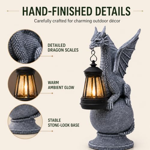 Qeeman Solar Dragon Garden Statue with Lantern: Outdoor Resin Garden Accent - Image 3
