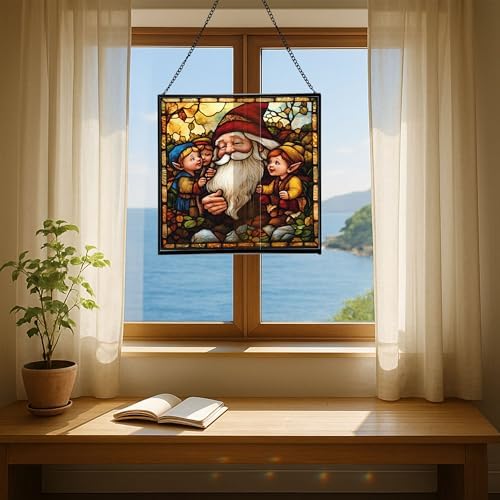 Gnome with Wisdom Sharing Stained Glass Suncatcher – Square Hanging Window Panel for Home, Garden, Nursery, Halloween, Christmas, Memorial Day – Whimsical Glass Art Gift for Gnome Lovers 8w975r - Image 6
