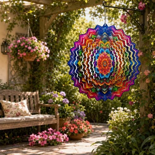Shwing 12 Inch Rainbow Mandala Wind Spinner Colorful Boho Hanging Decor Vibrant Metal Ornament Outdoor Kinetic Garden Art 3D Wind Spinner for Patio Porch Backyard Decoration by Unknown