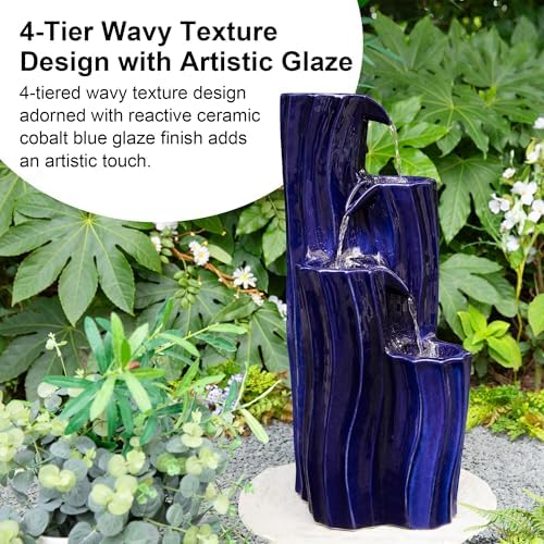 Glitzhome 30" Tall Outdoor Water Fountain with LED Light, Pump & Adapter, 4-Tier Cobalt Blue Wavy Texture Ceramic Cascading Garden Fountains Waterfalls for Porch Deck Patio Backyard - Image 3