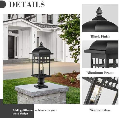 Emliviar 22 Inch Large Outdoor Lamp Post Light, Farmhouse Pole Lights for Outside Patio, Waterproof Aluminum in Black Finish with Seeded Glass, DE279P-M BK - Image 4