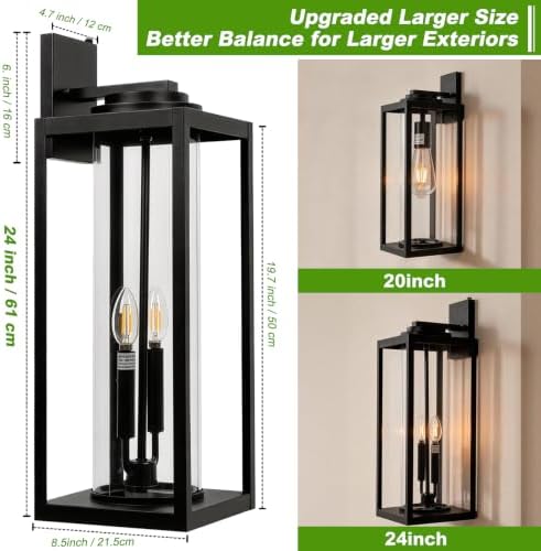 Extra Large 24 Inch Outdoor Wall Lights, Dusk to Dawn Sensor, Black, 2-Pack - Image 2