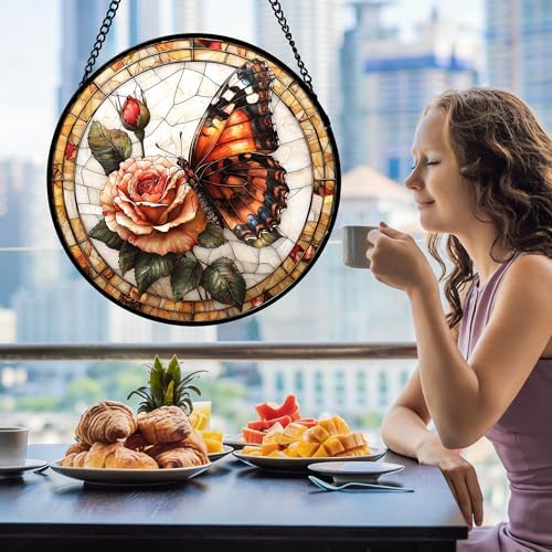 Rose Butterfly Stained Glass Window Hanging Suncatcher Gift for Women 15" - Image 5