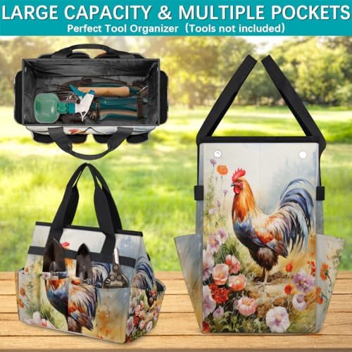 Garden Tool Bag Farm Animal Rooster Garden Tool Storage Bag with Pockets Handle Portable Garden Tote Bags for Indoor Outdoor Gardening - Image 3