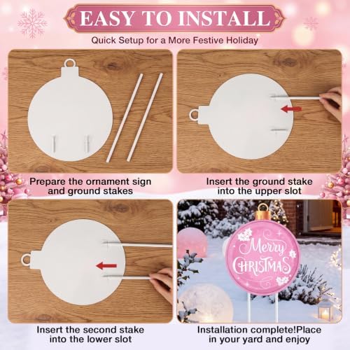 Drydiet 3 Pack Metal Christmas Yard Signs Decor Xmas Yard Stakes Outdoor with Stakes for Holiday Outdoor Garden Lawn Pathway Decoration (Pink Ball) - Image 3
