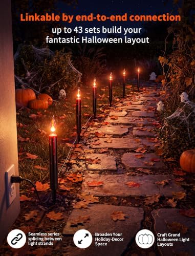 Halloween Candle Pathway Lights Outdoor, 19.5FT 10 C18 Flickering Flame Bulbs with Black Drip Bleeding Wax Stakes, Plug-in Waterproof Walkway Lights String Decor for Lawn Yard Driveway - Image 3