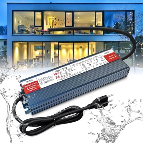 QNNP® LED Driver 150 Watts 24V DC with Plug, Waterproof Low Voltage Transformer Power Supply Transformer Adapter AC 85V-265V to 24V DC, IP67 LED Power Supply for Outdoor Indoor Lighting by qnnplighting