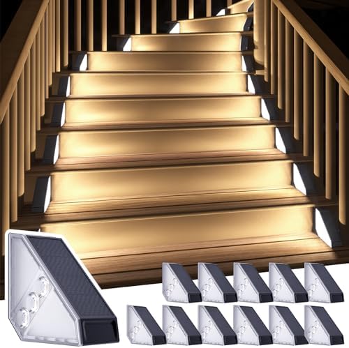 ROSHWEY Solar Stair Lights Outdoor Waterproof, 12 Pack Solar Powered Step Lights for Outside, Triangle Deck Step Light, Outdoor Decor Lighting for Front Porch, Backyard, Patio, Cool White by ROSHWEY